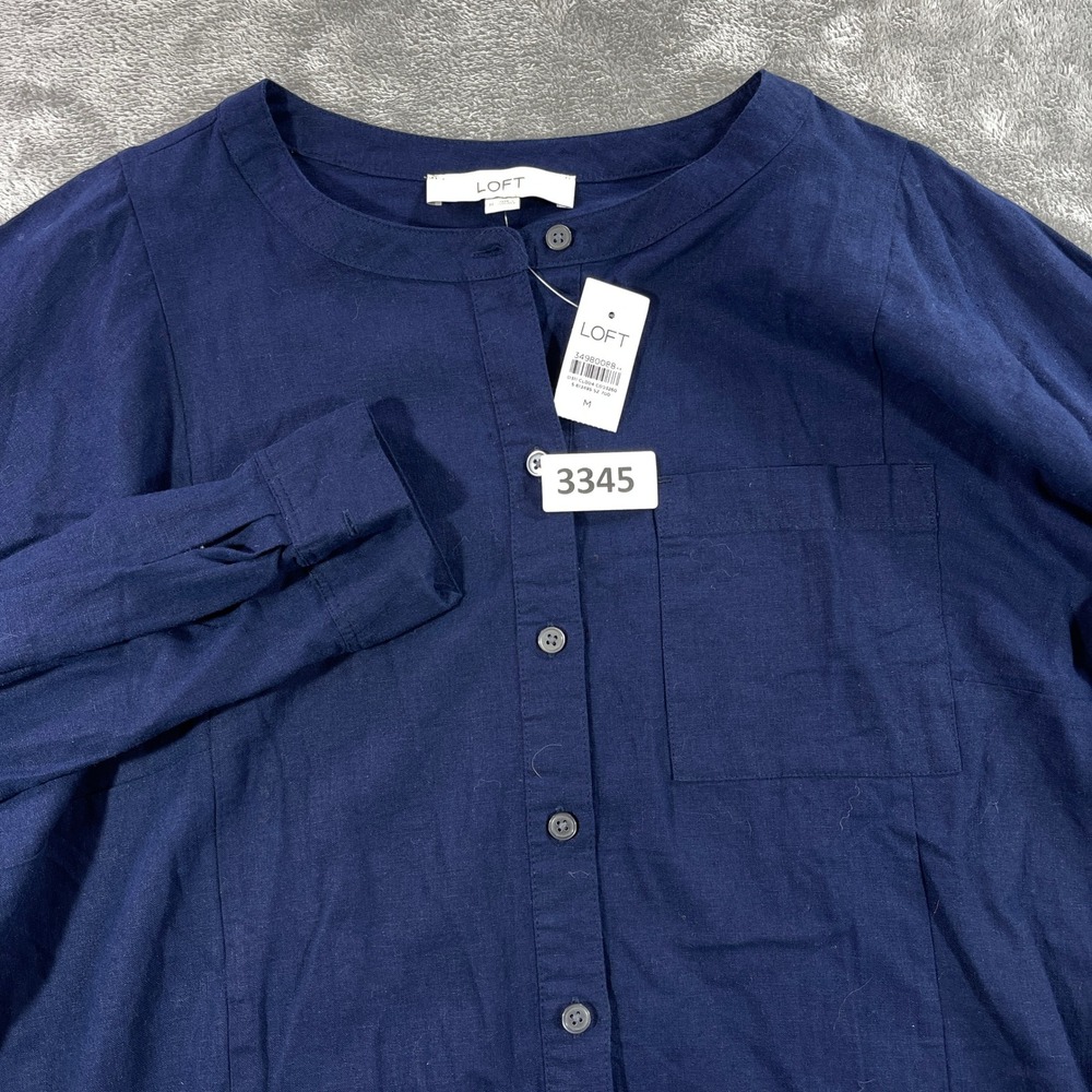 LOFT Button Down Shirt Women Size M Navy Blue Linen Blend Band Collar 613495